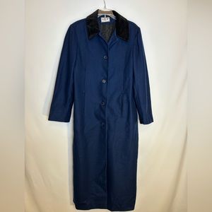 Mario De Pinto 100% Wool Long Duster Coat Navy w/ Black Collar Size Medium Women